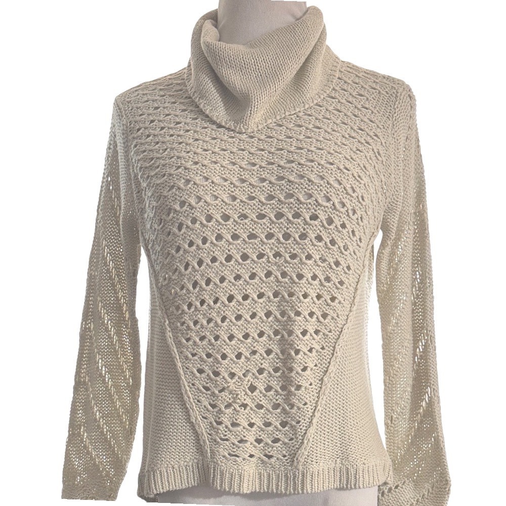 RD Style Oatmeal Cream Open‎ Knit Cowl Neck Crochet Sweater 68S970SF Medium